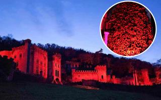 Castle is lit up red for remembrance and the poppy cascade