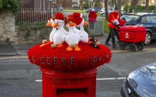Six Geese Laying, crocheted post box topper in Rhyl.