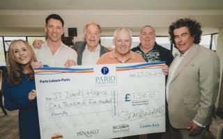 Cheque presentation: Samantha Williams, Director of Pario Leisure and Wyn Williams. Director of Pario Leisure with Warren Gatland, Neville Southall, Mike England and Paul Sculthorpe.