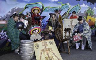 CellB Blaenau Ffestiniog; Pictured in costume centre Cian Clinc and Gwenno Llwyd Till with (L/R) Yannick Hammer, William Westley, Gruff Roberts, Rhys Roberts, Twm Jones, , Noa Thomas and Math Jones.
